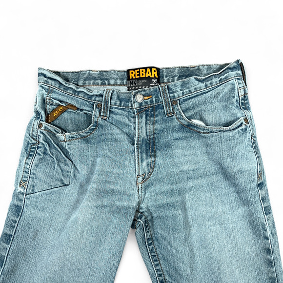 Ariat Jeans Mens 33x33 Blue Rebar M4 Bootcut Distressed Low Rise Stretch Light - Picture 3 of 10